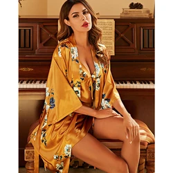 OEM Short Wedding Kimono Sleepwear Nightgown Dress Bathrobe Set Floral Silk Satin Bridesmaid Robes