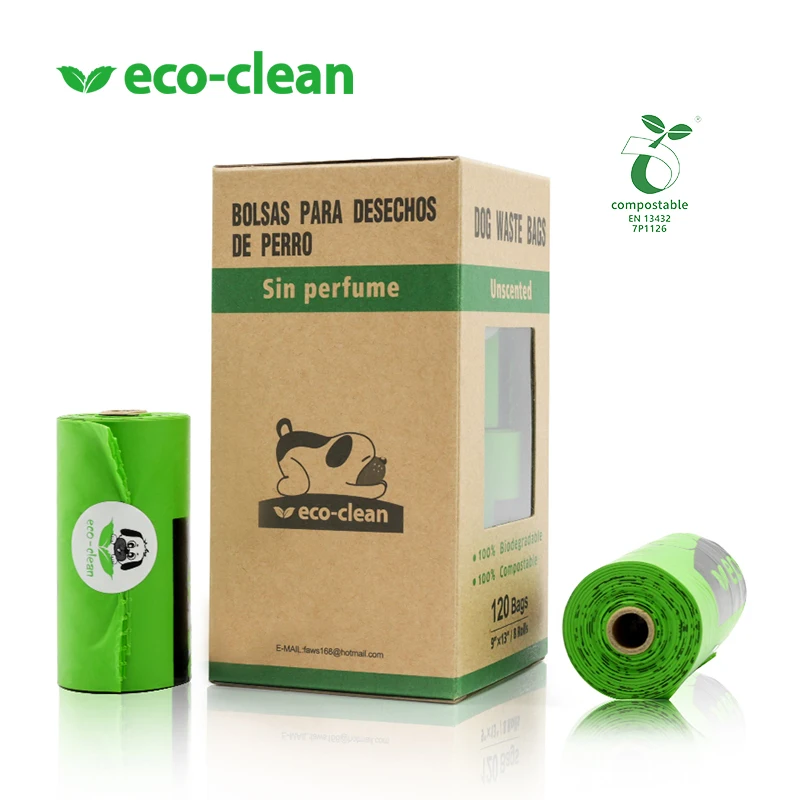 Eco-clean EN13432 органический пакет с логотипом 100% компостируемых экологически чистых кукурузных крахмальных какашек коробкой