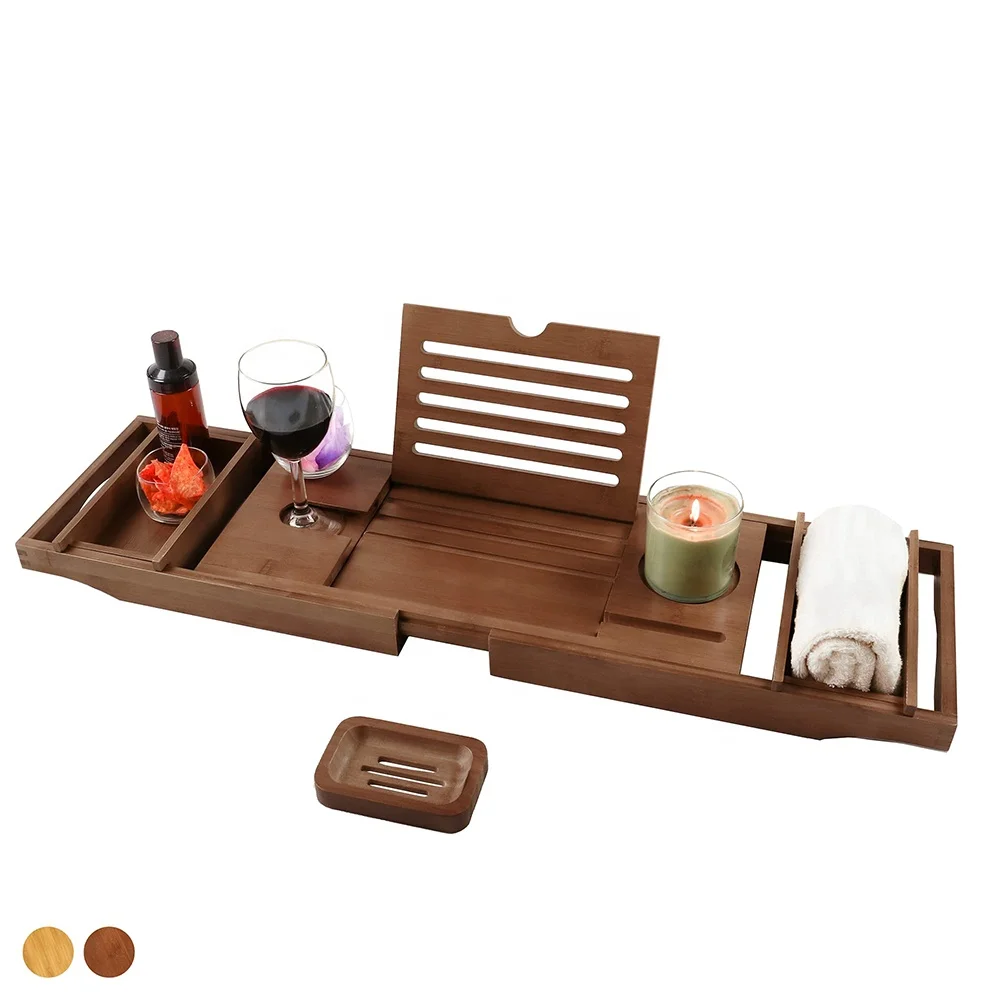 FLYWOD Bathroom Accessories  Bamboo Serving Tray Candle Holder Book Stand Soap Bathtub Caddy Tray Bamboo Bartub Tray