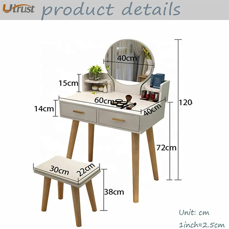 Convenient storage luxury nordic american style solid wood modern dressing table with mirror and durable metal hand 2 drawersles