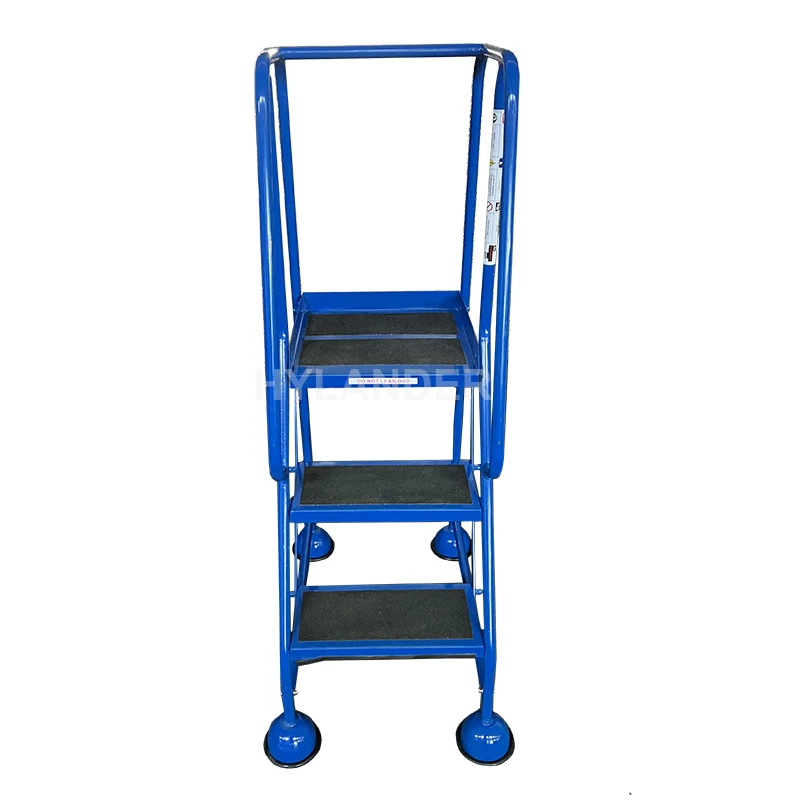 Mobile ladder safety steps warehouse metal platform step ladder with 4 wheels cupped protection feet 3 step platform ladder