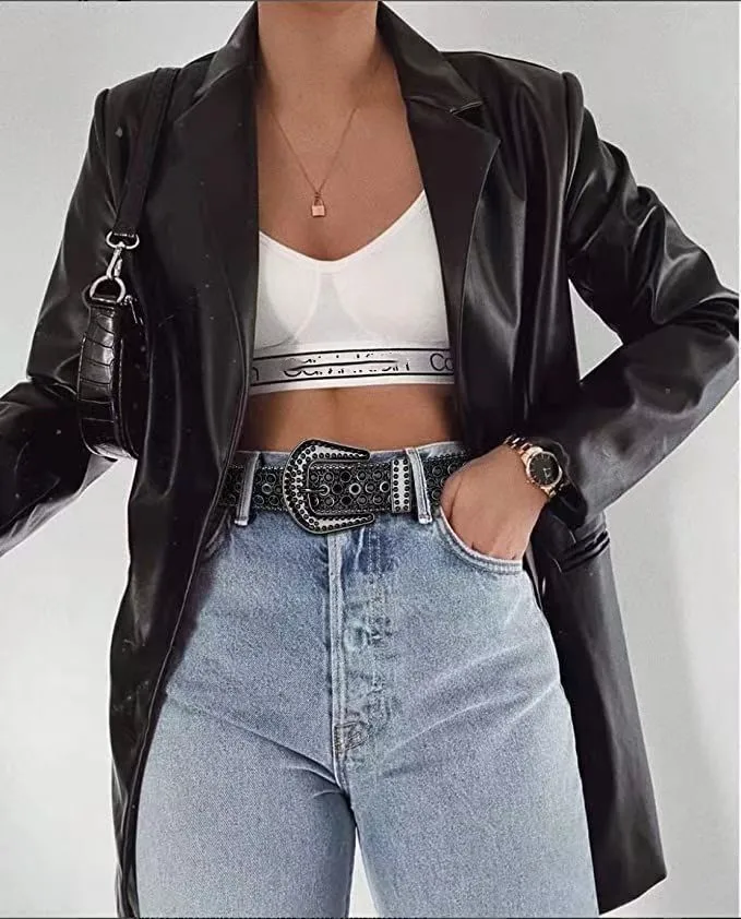 Women Men Fashion Designer Luxury Shiny Ice Leather Cowgirl Cowboy Y2K Studded Gemstone Rhinestone Belt