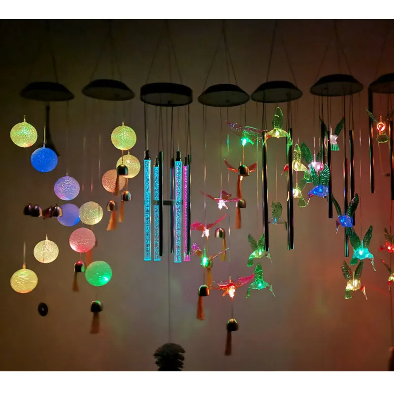 6 Color Changing Light Ball Wind Chimes With Bell Solar Powered LED Wind Chime White Hummingbird Wind Chime