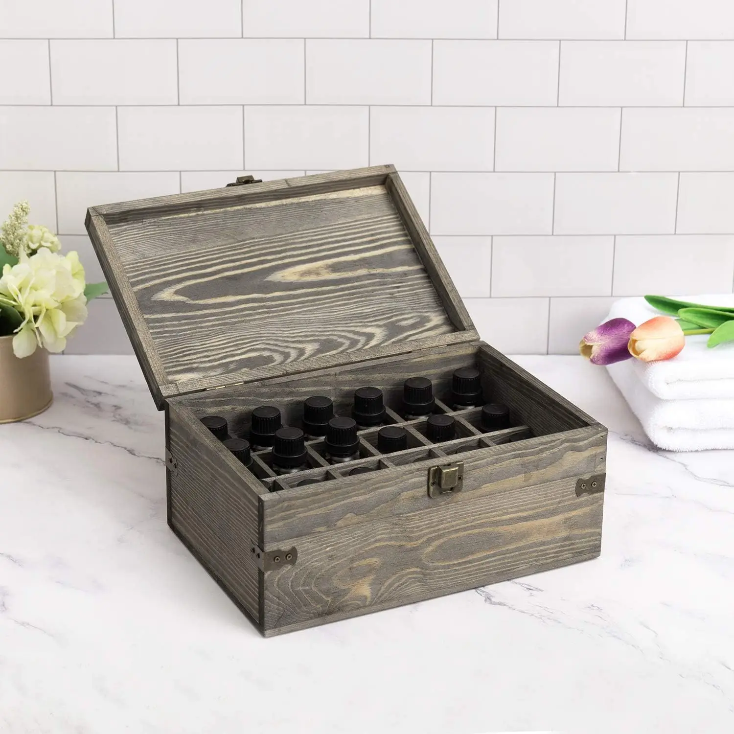 Customized Wooden Essential Oil Bottle Storage Box Vintage Gray Wood Roller Organizer Holder Display Case