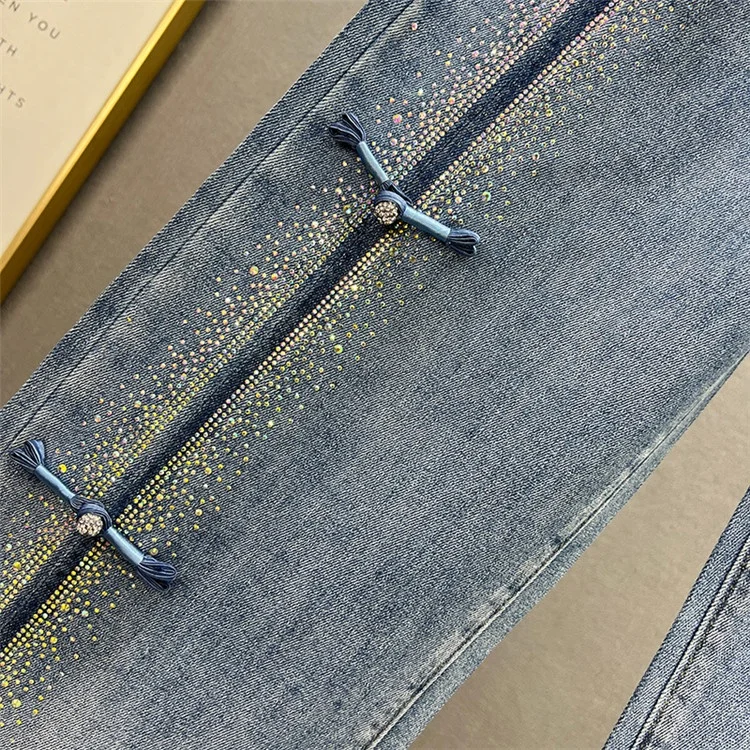 Loose Straight Jeans Women Chinese Tradition Asymmetric Drill Frog Demin Pant