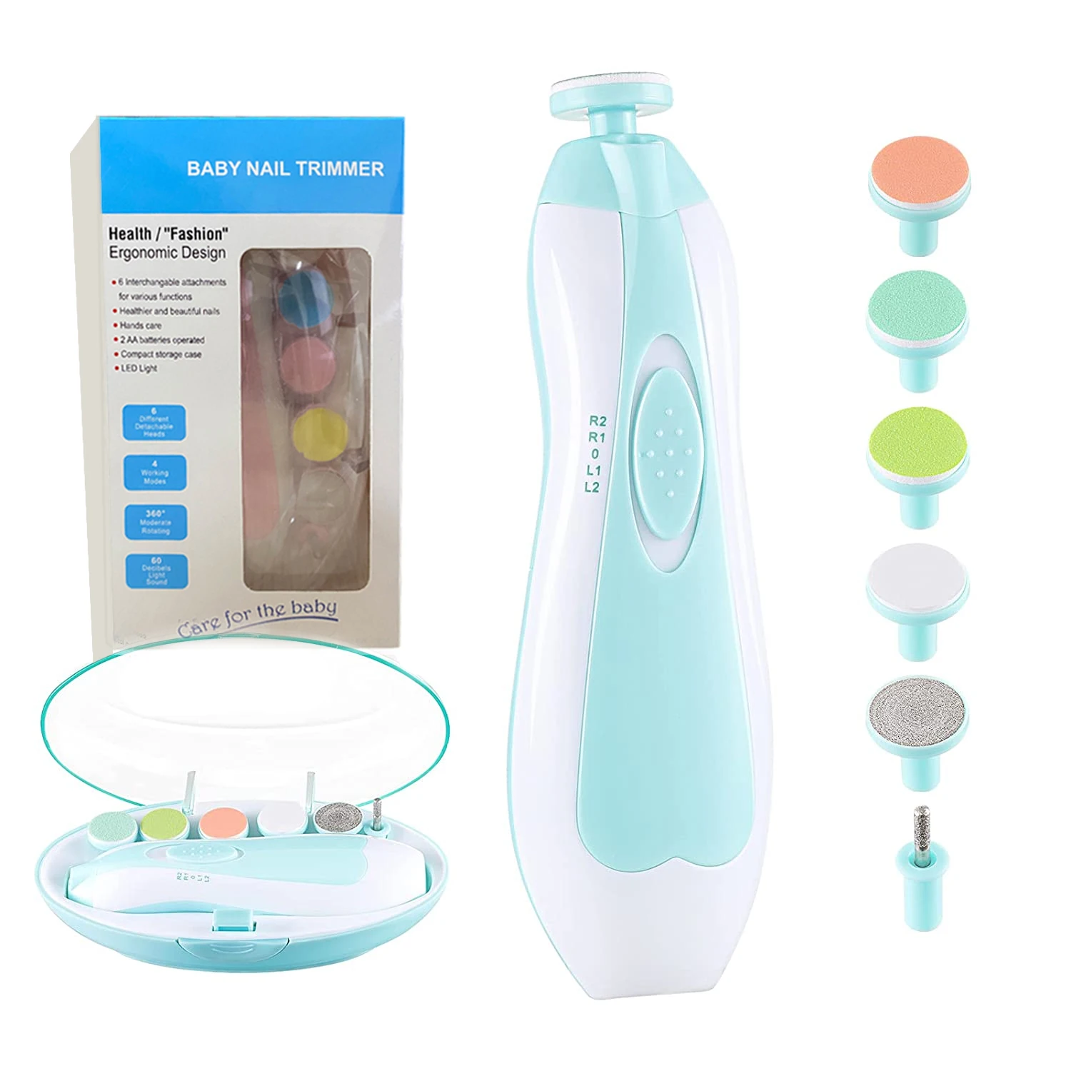 6 Replaceable Filing Heads Baby Nail File Electric Safe Baby Nail Clippers Trimmer with LED Light for Newborn Baby