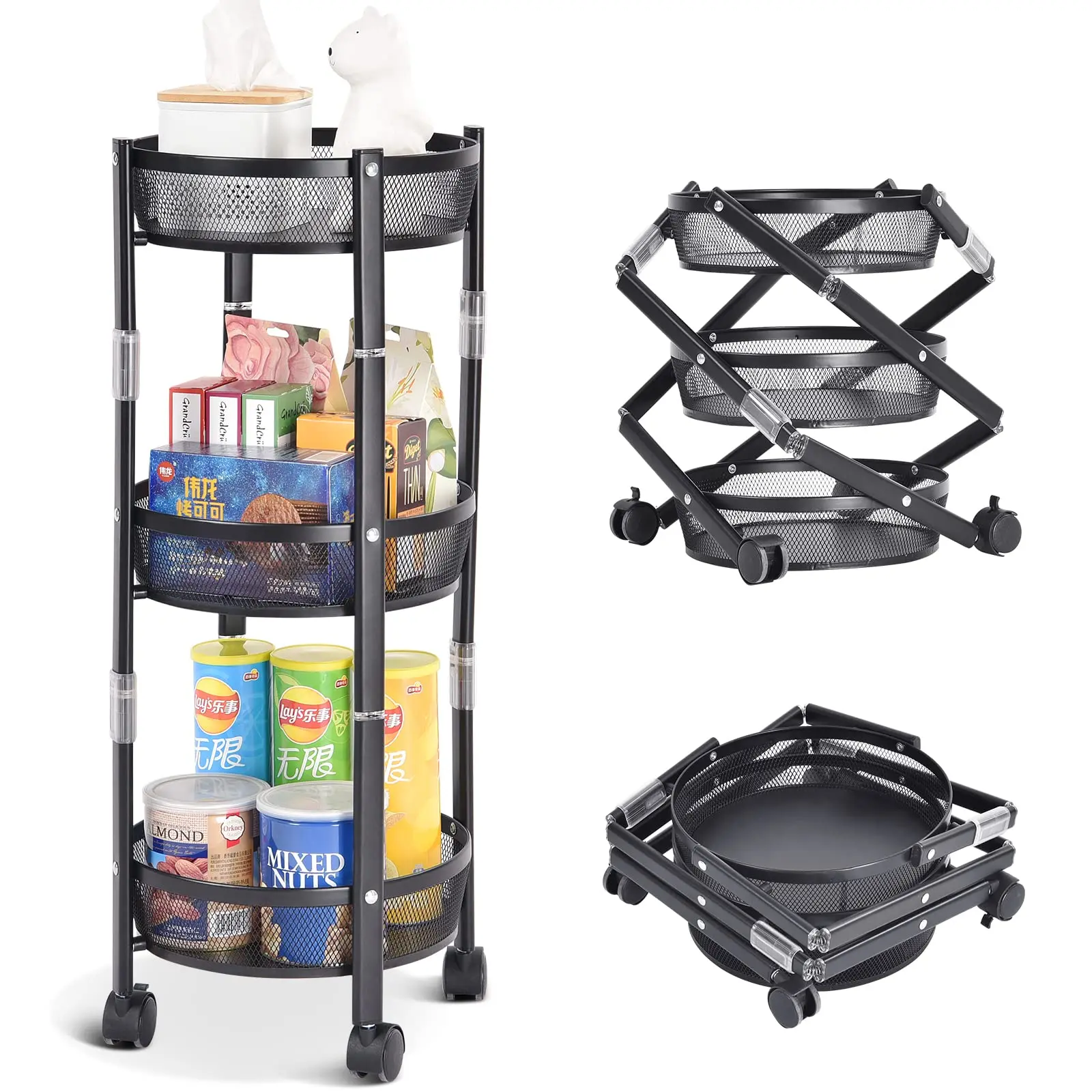 3-Tier No Installation Metal Storage Rolling Cart Foldable Utility Cart Versatile Serving Organizer Trolley Storage Cart