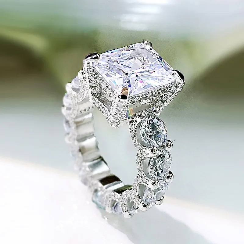 High Quality S925 Sterling Silver 925 Rectangular 5 Carat Artificial Diamond Zircon Engagement Wedding Ring Women Jewelry