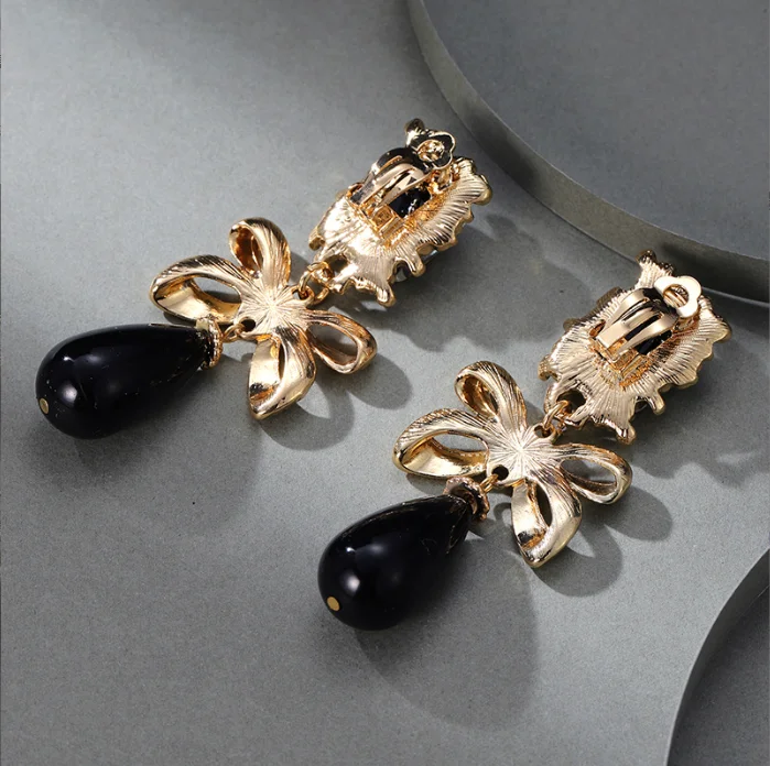New Resin Vintage Black white Large resin Bow Water Drop Ear clip without ear hole Earrings for Women
