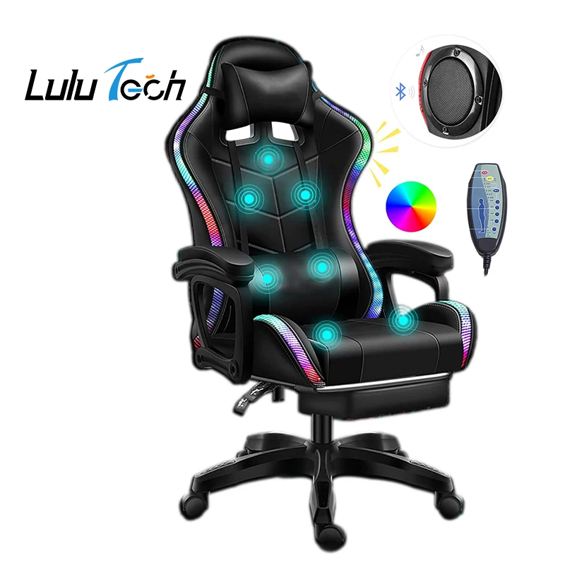 
 Оптовая продажа, эргономичный массажный RGB LED гоночный PU кожаный компьютерный офисный игровой стул Sillas Gamer с подсветкой и динамиками  