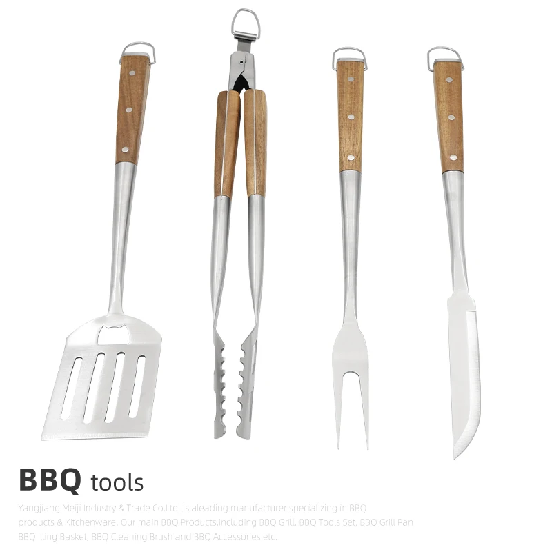Deluxe 4pcs BBQ Set with Stainless Steel Function Part and Solid Wood Handle