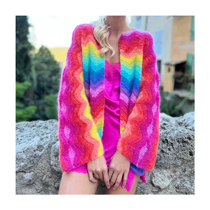 2024 Ripple Design Vintage Knitted Ladies Oversized Wool Cardigan Custom Mohair Knit Plus Size Women Sweater