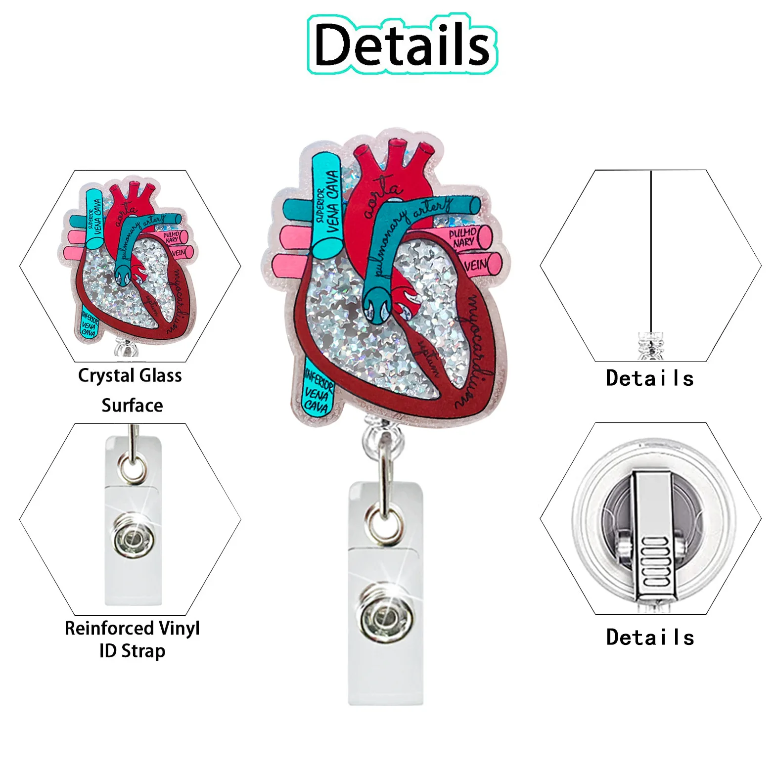 Wholesale Glitter Quicksand Heart Spin Acrylic Badge Reels Cute Present Badge Reel for Doctors, Nurses and Students