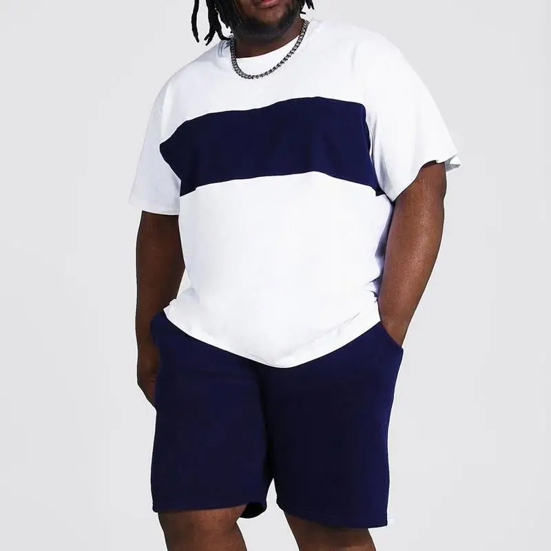 Summer New Large Size Loose White Color Block Plus Size Mens Big And Tall Clothing Two Piece Set