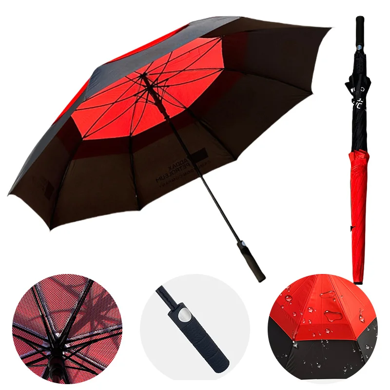 Custom best long double canopy printed branded mens windproof large canopy extra strong automatic golf umbrella