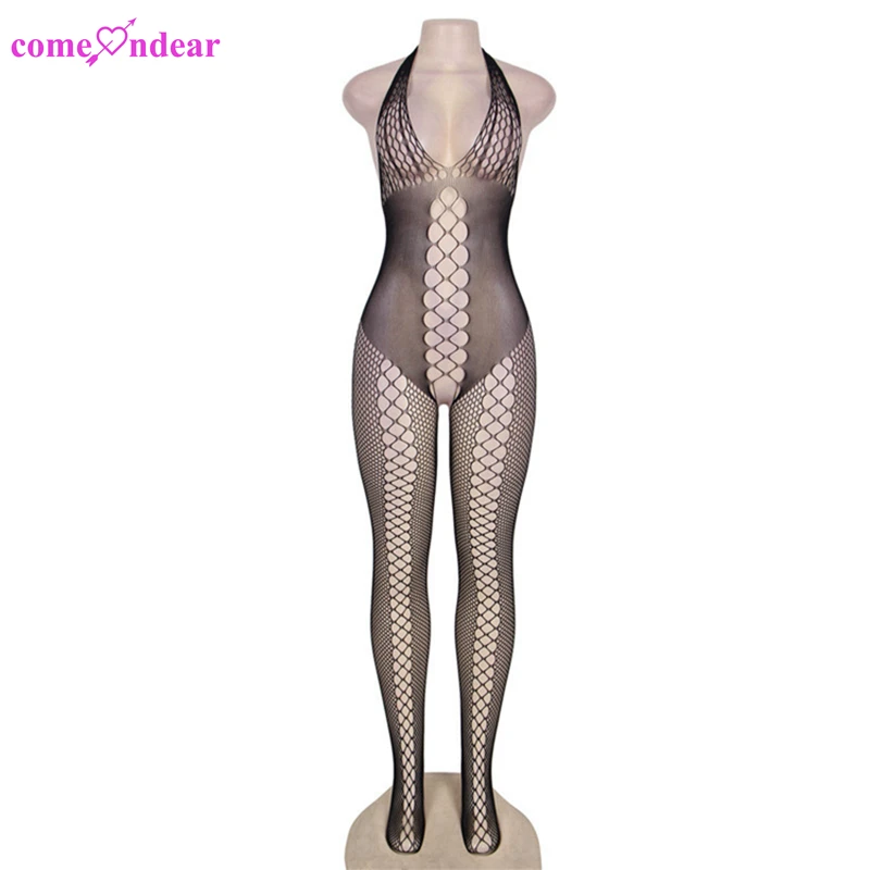 Wholesale Luxury Transparent Halter Solid Black Body Stocking Hollow Pattern Lingerie Sexy Fishnet Bodystocking