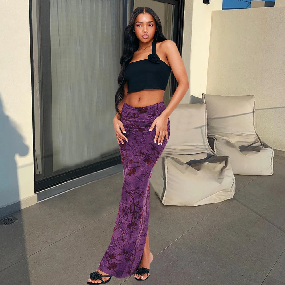 Garsia 51181DHD Sexy Purple Floral Flocking Long Skirts for Women Autumn Fashion High Waisted Back Ruched