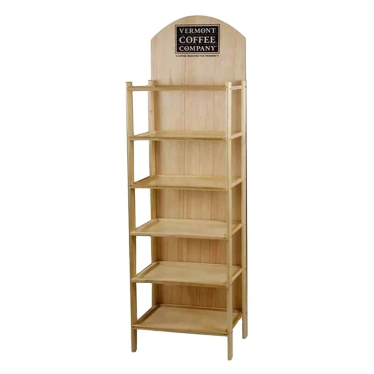 Customize retail store POS POP UP 5 tiers wood floor shelf coffee beans display stand rack