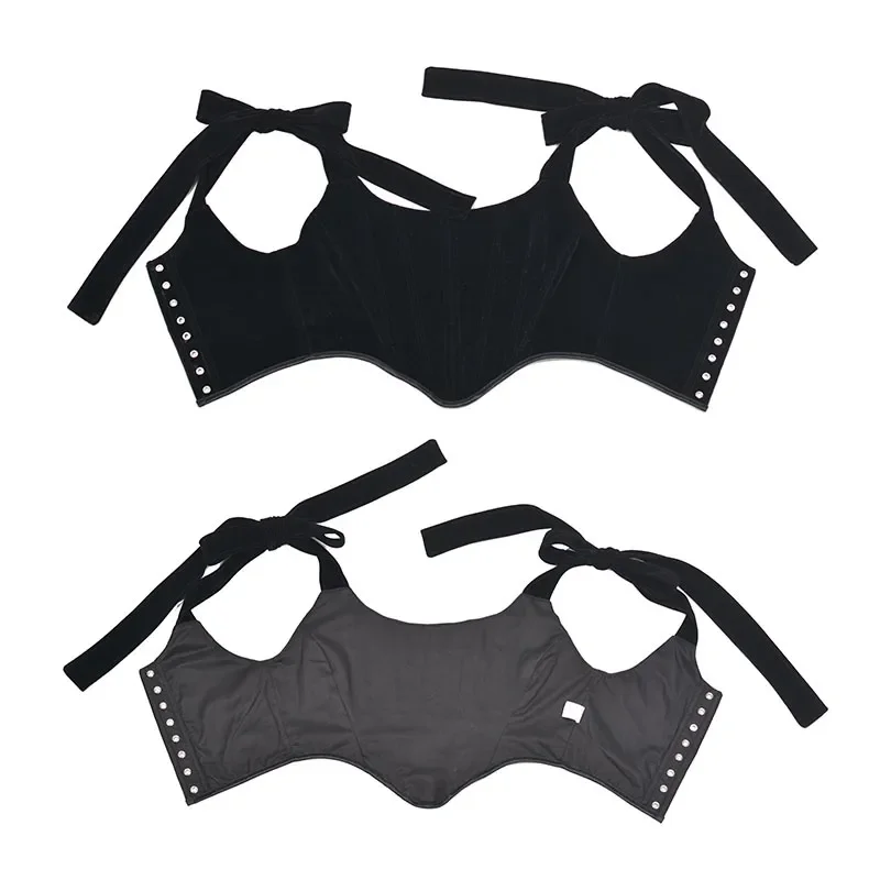 Velvet Retro Bodice Black Lace Bow Camisole Y2k Vintage Velvet Sexy Corset Tops Strappy Halter