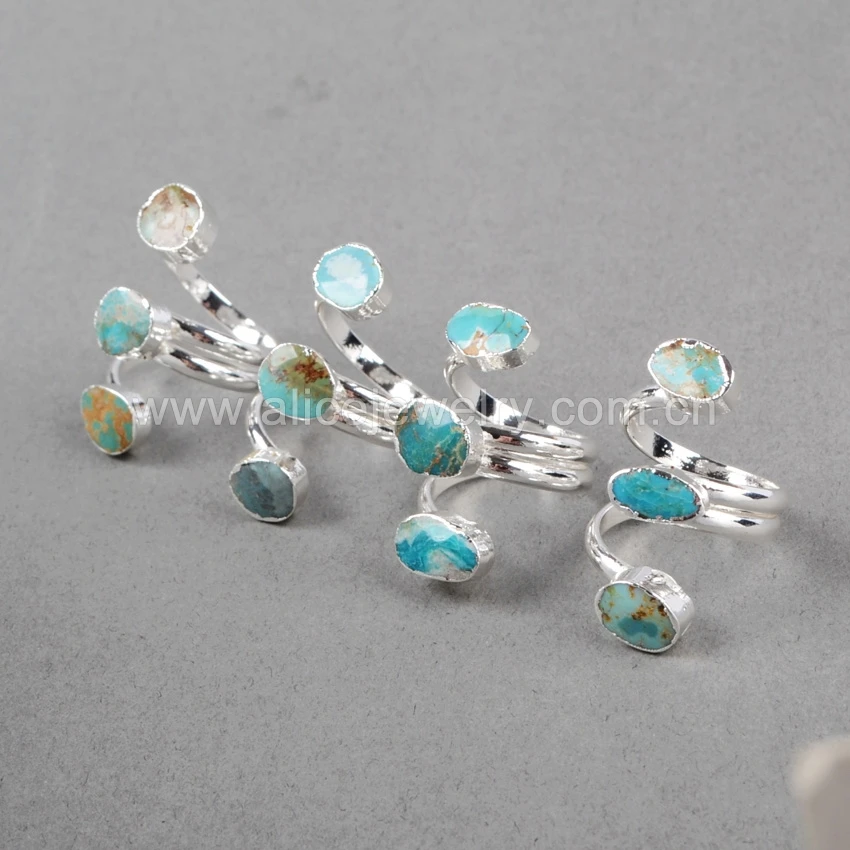 Genuine fashion turquoise gemstone wire ring three stone turquoise ring in 18k gold plated adjustable ring