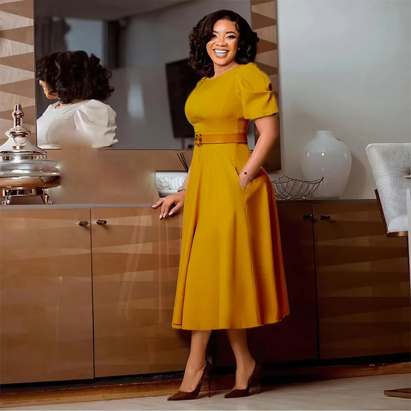 L35 Ladies Office Dresses Women Formal Work O-neck Puff Sleeve Wrap Waist A-line Ruched Dress Elegant Casual Dresses With Belt