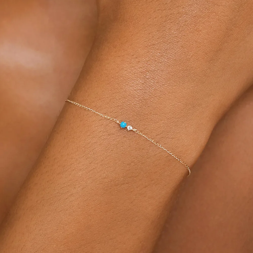 Fashion Fine Jewelry 925 Sterling Silver Gold Plated Thin Chain Pearl Turquoise 12 Month Birthstone Bracelets for Women