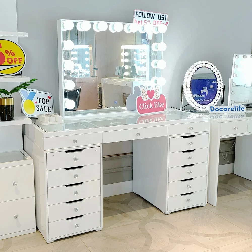 Stock on US! Docarelife Bedroom Set 13 Mirror Glass Drawers   Vanity Table   with Hollywood Makeup Lighted Mirror