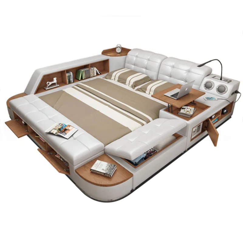 Modern Leather Fabric with Large storage space Workable Intelligent Convenient Double bed