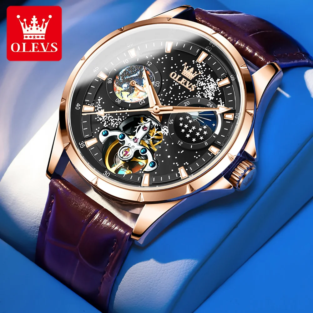 OLEVS 6671 Hot Sell Brand Luxury Sport Rose Gold Mechanical Watches Leather Strap Automatic Watches For Men