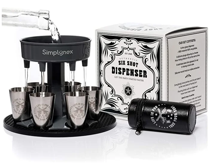 6 Glass dispensers and brackets with 6 stainless steel wine glasses in a convenient box