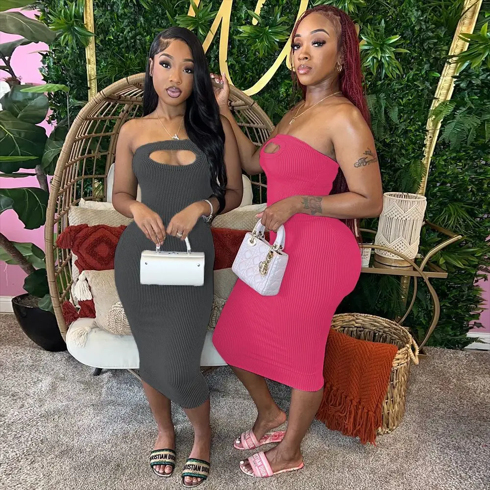 Wholesale summer fashion hollow out strapless bodycon dress pink off shoulder midi dresses women