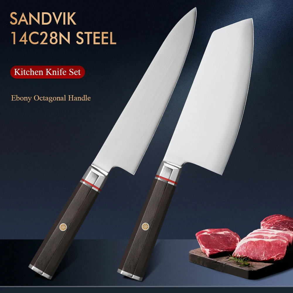 SALE 2 PCS High Quality Sandvik 14C28N carbon steel Handmade Ebony wood Octagonal Handle Kitchen Knife Set