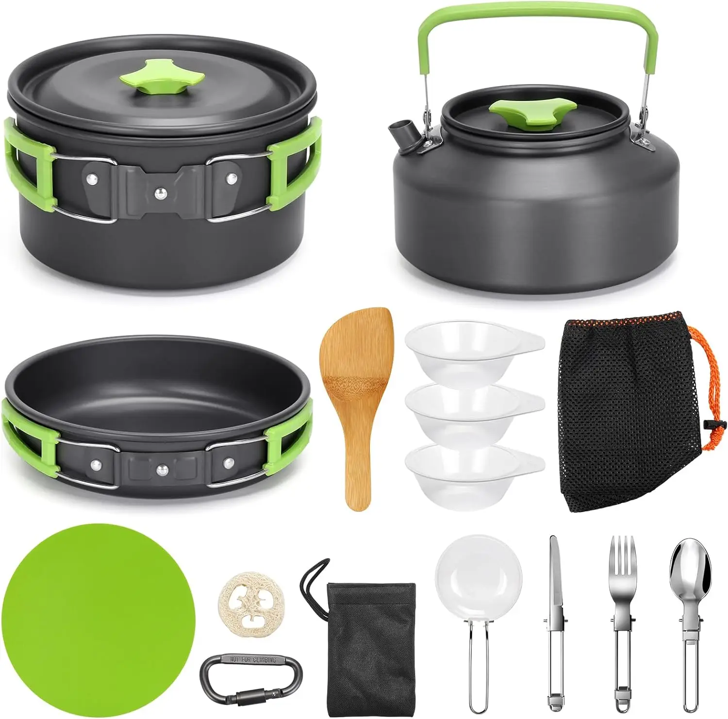 Non-Stick Camping Mini Pot Pan Stove Set, Kettle,Bowls, Spoons, Lightweight Backpacking Cooking Set for Family Hiking