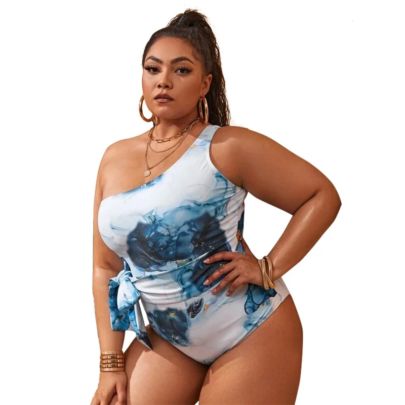 5xl Swimwear High Waist Swimming Bathing Suits Plus Size One Shoulder One Piece Bikini Tie Dye Swimsuit