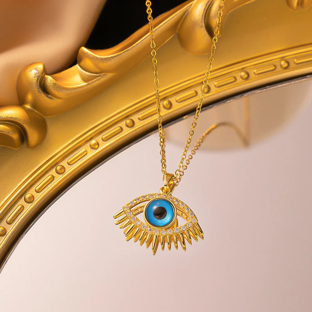 NUORO Turkish Blue Eyes Pendant Necklace Stainless Steel Collarbone Chain Copper Gold Plated Geometric Evil Eye Charm Necklace