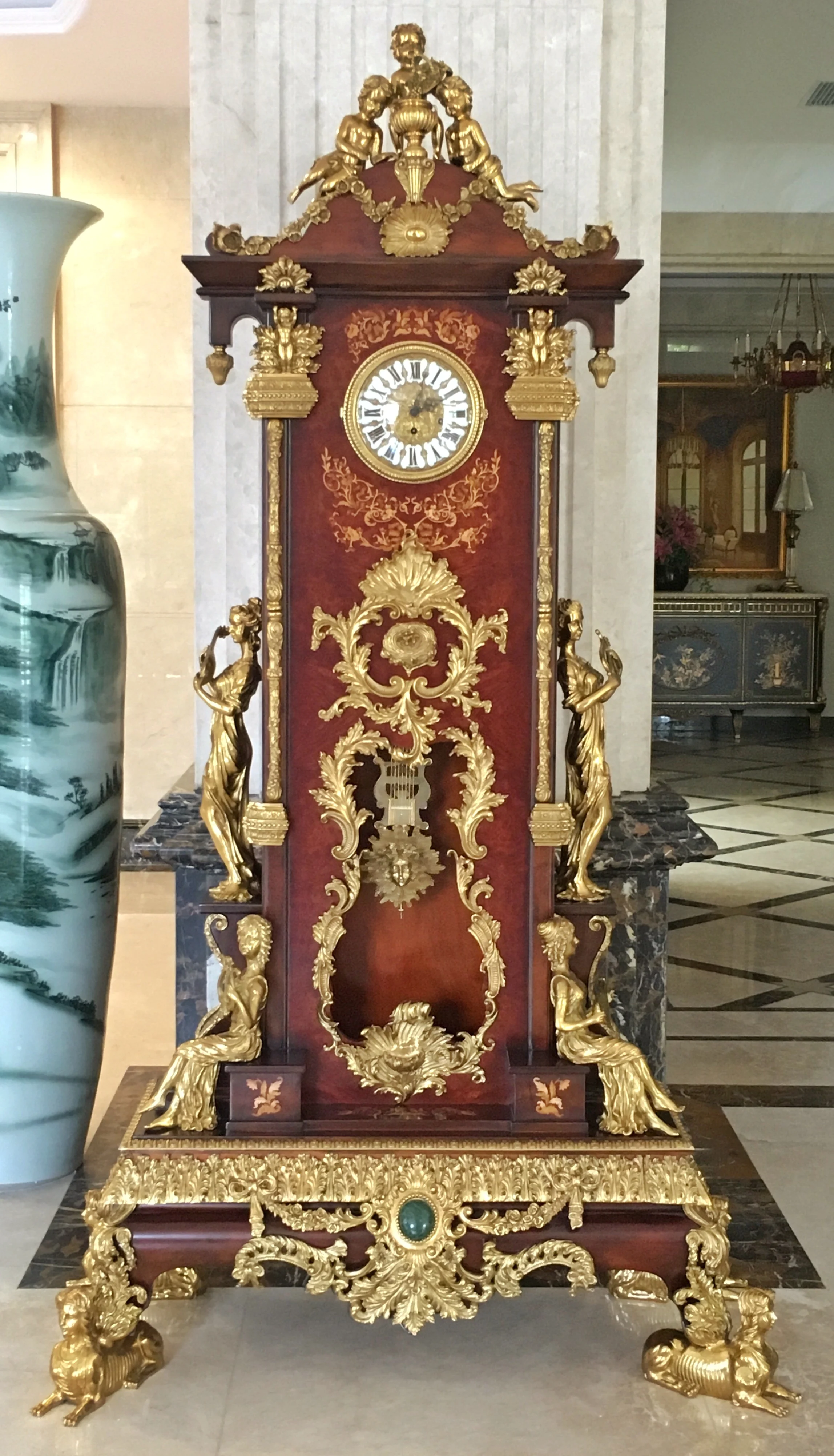 L125*W55*H232cm Classic Green Fashion Ceramic Copper Clock Large European Retro Floor Clock