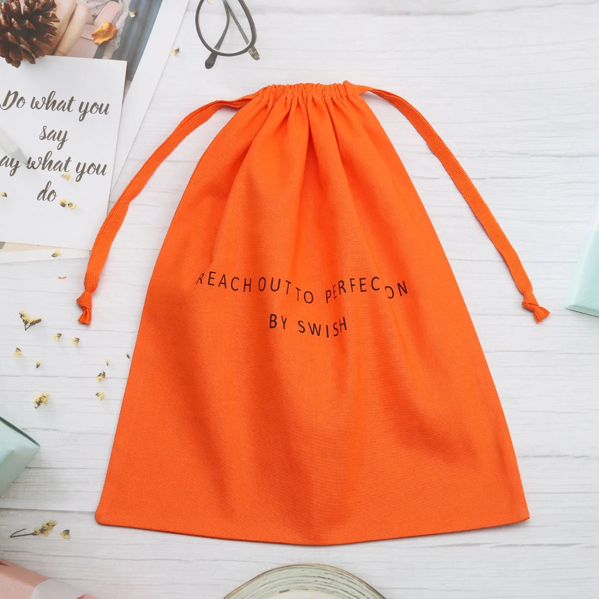 Custom Size Organic Orange Cotton Drawstring Dust Bag For Shoe Christmas Gift Logo Printed Cotton Linen Pouch Shopping Bag