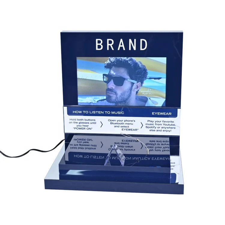 APEX L Shape Acrylic Sunglasses Display Stand Counter Top Eyewear Display Holder with LCD Screen