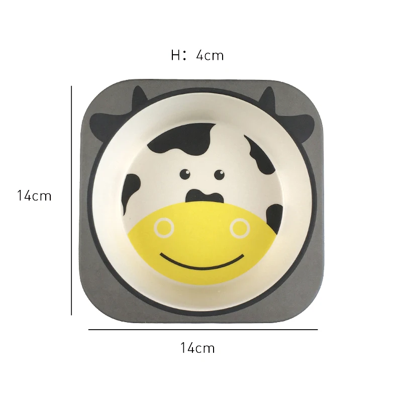 Wholesale Biodegradable Eco Frieendly 5 Pcs Milk Cow Cartoon Bamboo Fiber Kids Tableware Dinnerware Baby Plate Bowl Cup Sets