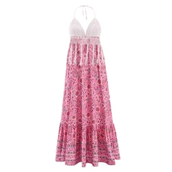 2022 Summer Floral Print Patchwork Crochet Top Bra Sexy Halter Lace Up Backless Beach Bohemian Tassel dress Casual Dresses