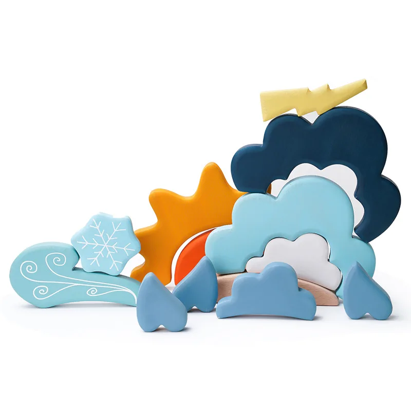 13 PCS Kids Wooden Building block Nordic Creative Blue Weather Blocks Stacking Baby Educational DIY Toys Play for Toddler