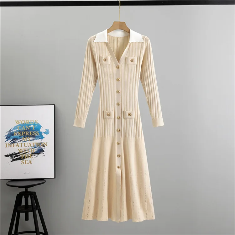 LE4583 Autumn Special Design V-Neck Knit Dress With Core Yarn Slimming A-Line Midi Knitted Dress