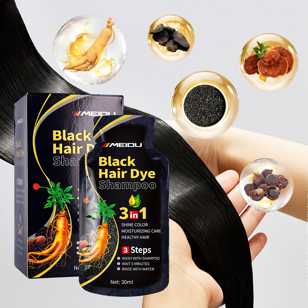 Meidu herbal natural ammonia free cover gray white hair ginger 3 in 1 permanent colour color sachet black hair dye shampoo