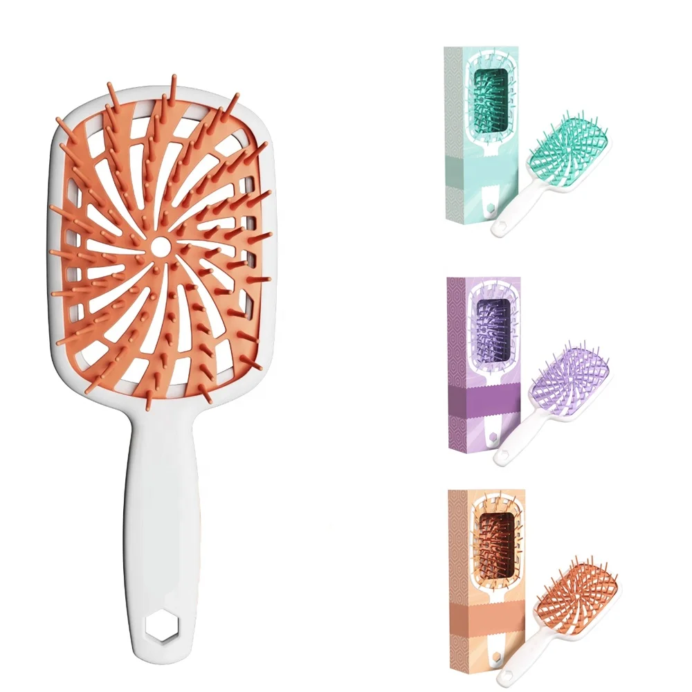 12 color customize logo hair brush Hollowed-out scalp massage comb hair brush ABS Detangling Vent Shower Hair Brush