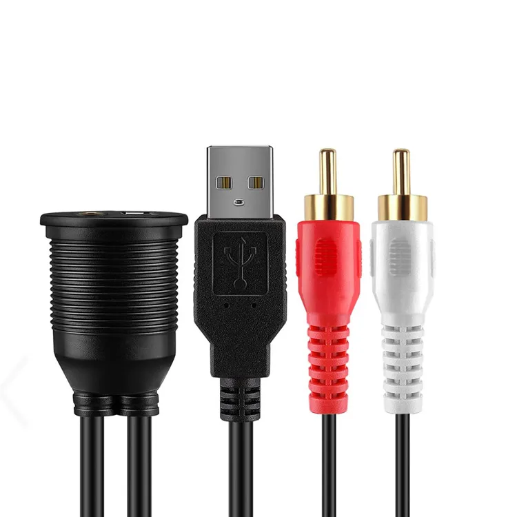 Car Boat Motorcycle 3.5mm USB AUX Audio 2 RCA Extension Flush Mount Mounting Cable for car