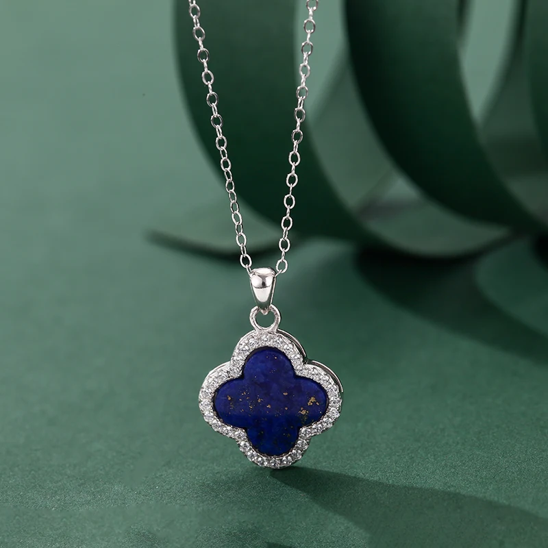 dropshipping jewelry silver 925 sterling four leaf clover natural lapis lazuli black agate 12*12 pendant women necklace