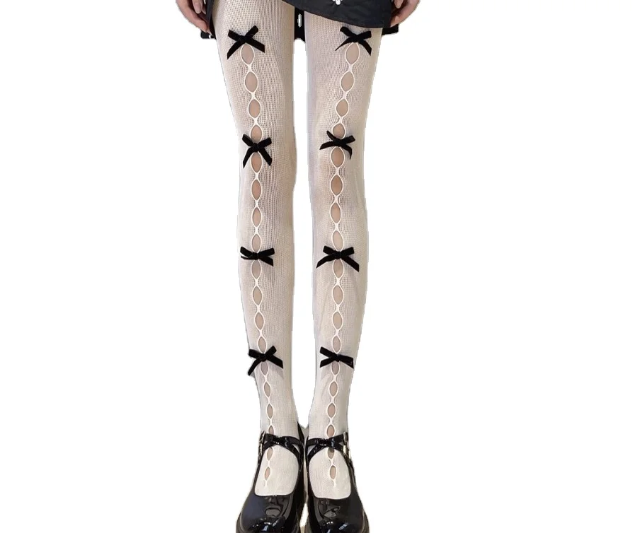 Japanese Sweet Girl Plaid Velvet Handmade Bow Knot Hollow Hole Mesh Socks Pantyhose Silk Socks