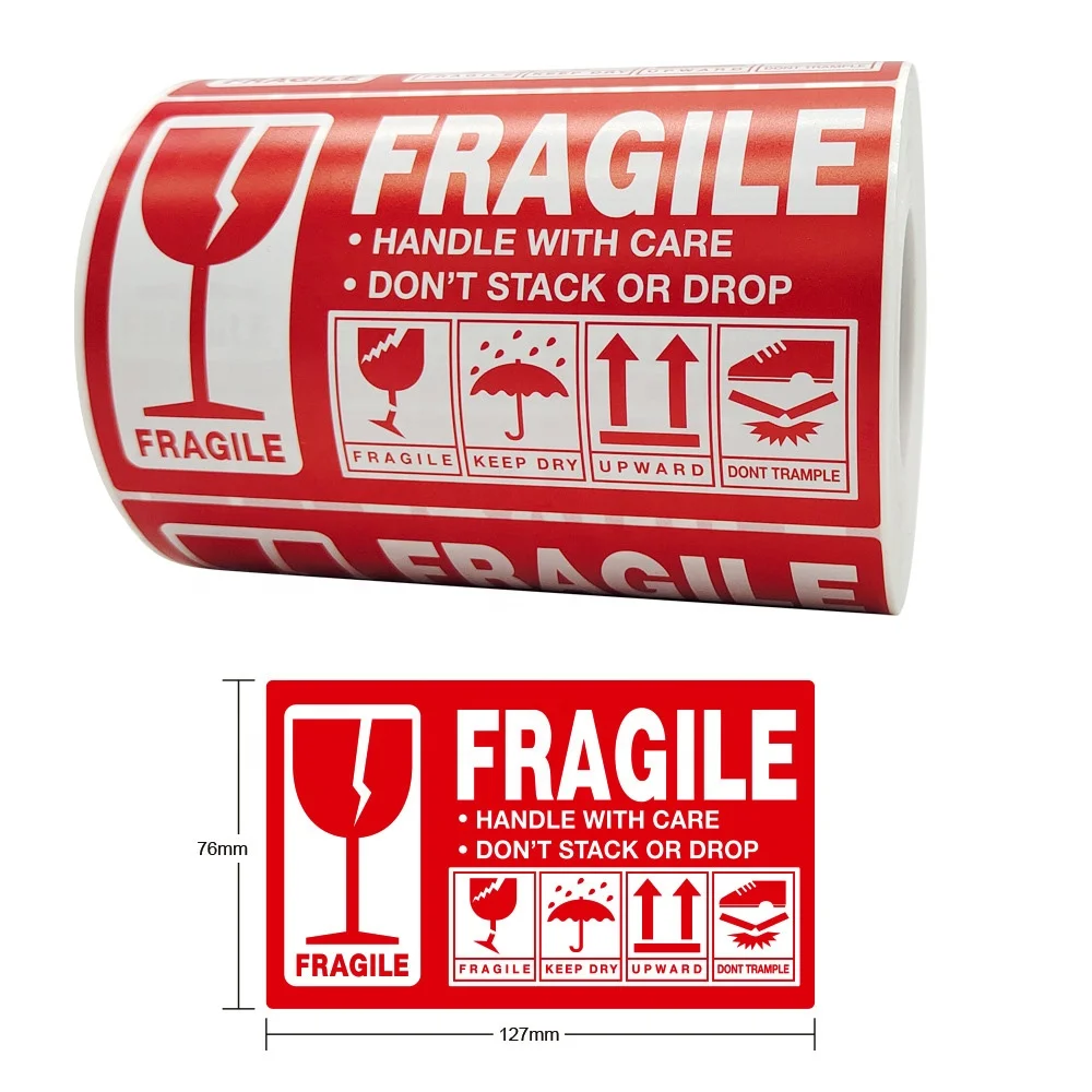 Fragile sticker logo custom self adhesive shipping labels handle with care bright red warning fragile stickers roll autocollant