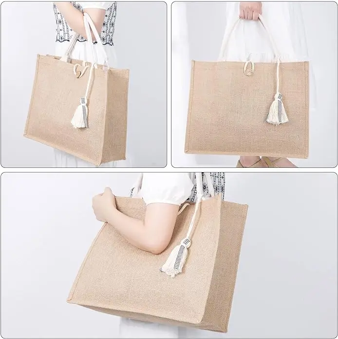 Pamela Beach Bag for Women Waterproof Beach Bag, Vinyl Lining Tassel Pocket Jute Tote Bag for Vacation Pool Grocery Gift