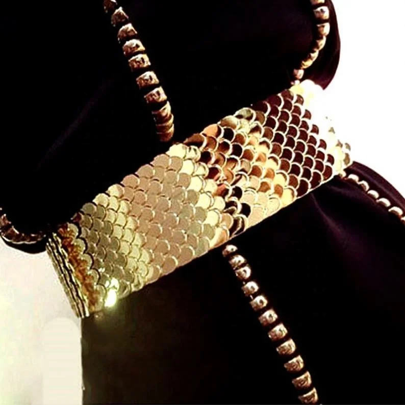 
Europe fashion female gold fish scale metal elastic wide girdle for women nightclub party shiny accessories waist belt waistband 